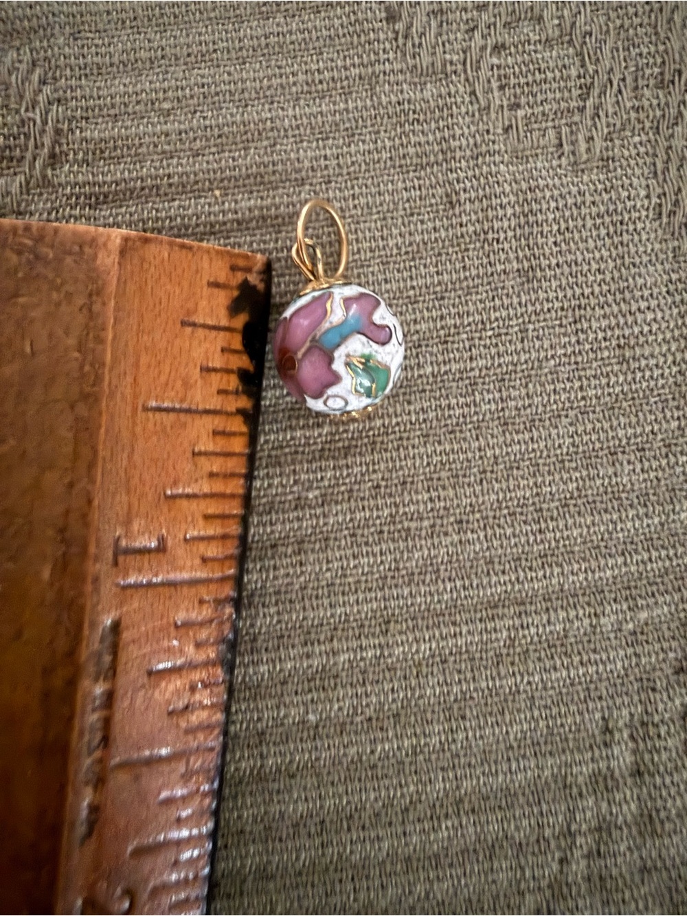 Vintage 14kt Cloisonné Floral Pink and Green Drop ball for earrings or chain - Picture 6 of 7